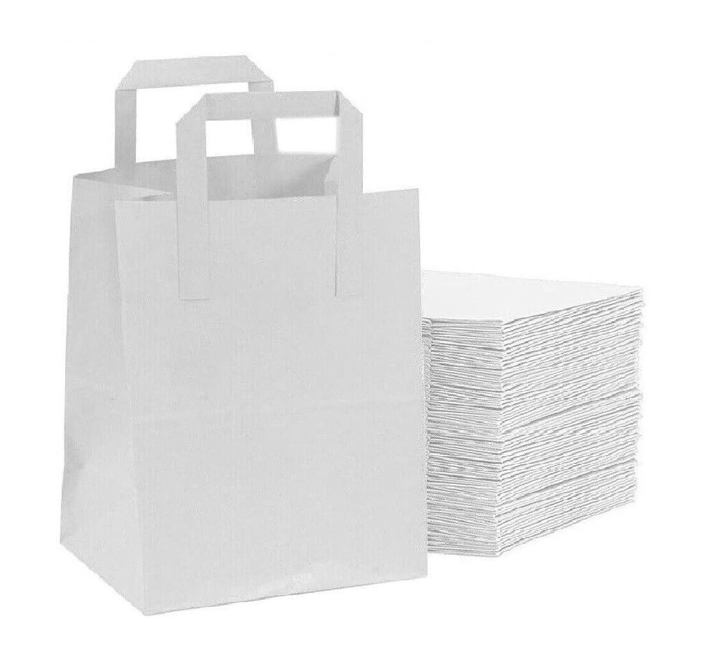 Tezraftaar® 10 x Flat Handle Paper Bags 25cm x 30cm x 14cm White Kraft Carrier Bags for Takeaway Clothes Gifts Shopping Parties — image 1