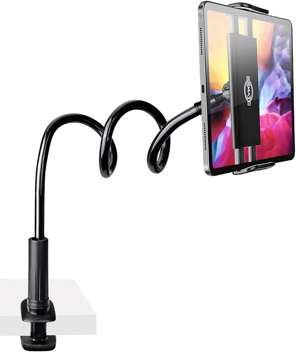 Cell Phone & Tablet 2 in 1 Clip Stand Holder with Flexible Long Arm Gooseneck Bracket Mount Clamp for iPad,iPhone,Galaxy,Google Nexus,LG,Huawei,Used for Bedroom,Office,Desktop,Kitchen (Black)