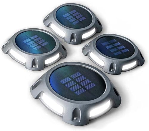 Home Zone ELJ7307V - Luces solares de seguridad, resistentes a la intemperie, para exteriores, con estacas y no requiere cableado, paquete de 4,