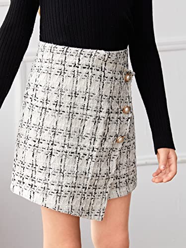 Wdirara Girl's Plaid Button Front Wrap High Waist Asymmetrical Hem Skirt White 9Y #TOP2