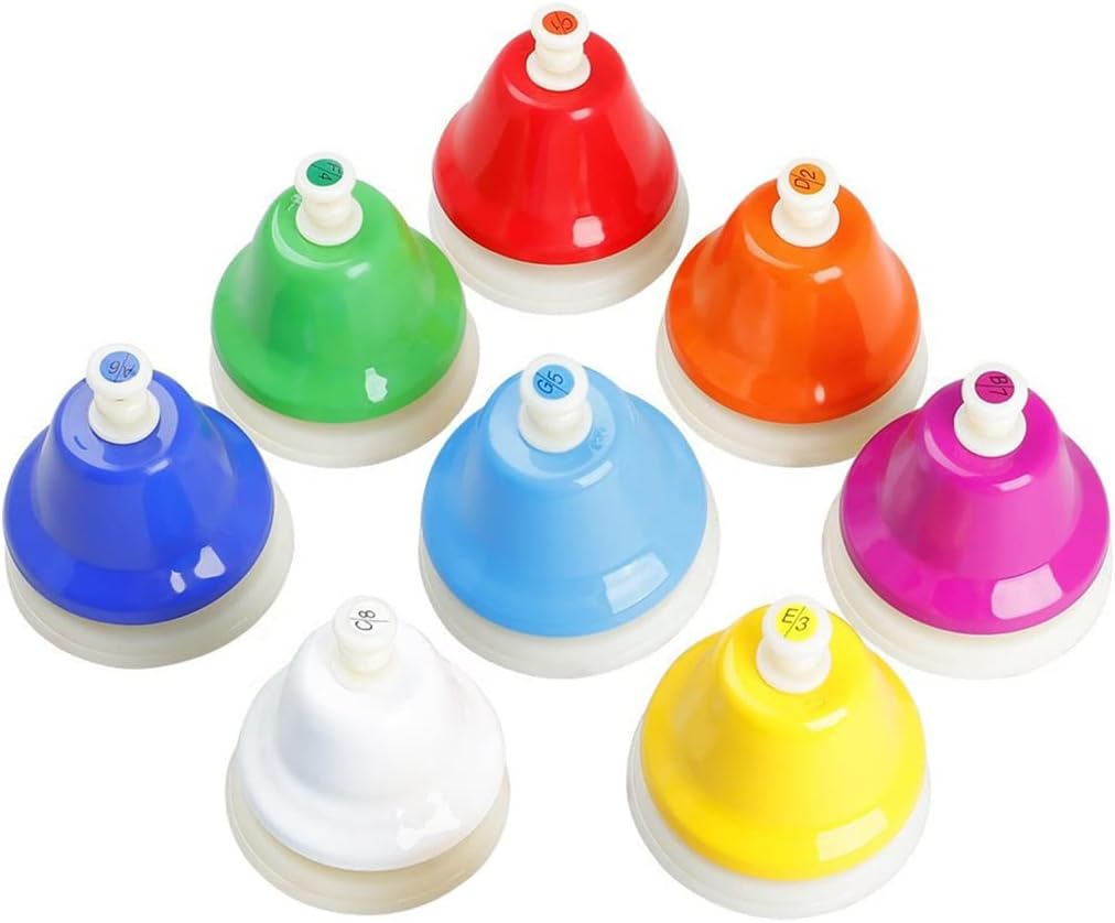 Handbells,Hand Bells Set,Colorful Percussion 8 Note Diatonic Metal Hand Bell Kit for Toddler, Kid, Adults, Used for Festival, Musical Teaching, Church Chorus, Wedding, Family Party (Desk Bells)