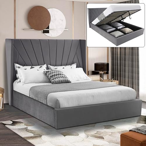 Ottoman Storage Bed, Velvet Double Bed Frame, Upholstered Gas Lift Up