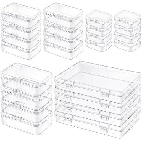 Qeirudu 24 Pcs Small Plastic Containers with Lids - Mini Plastic Craft Storage Boxes with Hinged Lids Clear Bead Organizer for Jewelry Findings and Art Supplies (4 Mixed Sizes) Cover