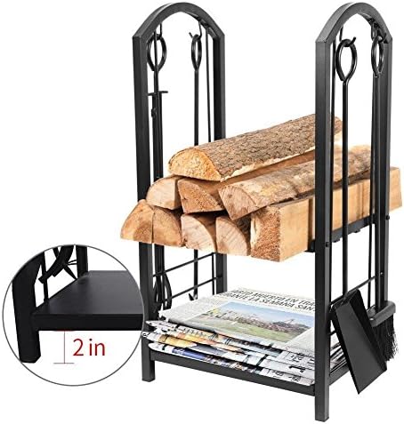 Homezone® Indoor/Outdoor Firewood Log Rack for Fireplace Heavy Duty Wood Stacking Holder for Patio Deck Metal Log Storage Stand Wood Pile Racks Outside Firepit with Tools Accessories