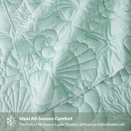 WDCOZY Coastal Beach King Size Quilt Bedding Sets, Seafoam Green Nautical Tropical Ocean Bedspread, Scallop Seashell Soft Coverlet, Lightweight Summer Thin Comforter for All Season — view 5