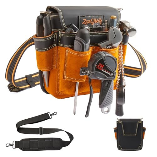 ZczCjWq 9-Pocket Leather Tool Belt Pouches with Adjustable Shoulder Suspenders, Heavy-Duty Multi-Utility Pouches for Electrician Carpenters Construction Workers