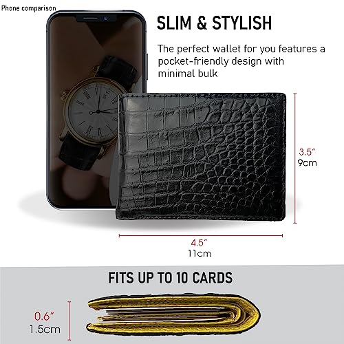 Image of HATA Black Yellow Bifold Leather Wallet for Men, Exotic Double-Sided Leather Wallet with RFID Blocking & ID Window Credit Card Holder, Handmade Gift for Birthday, Anniversary, Father's Day VILE-219