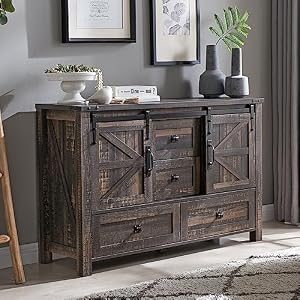 T4TREAM 48'' Farmhouse Dresser w/4 Drawers & 2 Sliding Barn Doors, Tall Chest of Drawers Organizer, Rustic Dresser TV Stand w/Adjustable Shelf for Bedroom, Living Room, Nursery Room, Dark Rustic Oak T4TREAM 48 Farmhouse Dresser w4 Drawers 2 Sliding Barn Doors Tall Chest of Drawers Organizer Rustic Dresser TV Stand wAdjustable Shelf for Bedroom Living Room Nursery Room Dark Rustic Oak