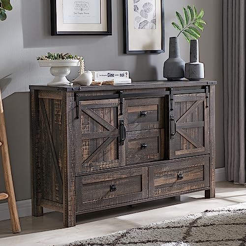 T4TREAM-48-Farmhouse-Dresser-w4-Drawers-2-Sliding-Barn-Doors-Tall-Chest-of-Drawers-Organizer-Rustic-Dresser-TV-Stand-wAdjustable-Shelf-for-Bedroom-Living-Room-Nursery-Room-Dark-Rustic-Oak T4TREAM 48 Farmhouse Dresser w4 Drawers 2 Sliding Barn Doors Tall Chest of Drawers Organizer Rustic Dresser TV Stand wAdjustable Shelf for Bedroom Living Room Nursery Room Dark Rustic Oak