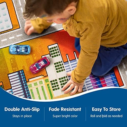 Booooom Jackson Kids Play Mat for Driving Toy Cars 80x150cm Anti Slip Play Rug City Town Carpet Kids Children Boy Girls Educational Road Traffic Themed Car Rug Playroom Bedroom Rug