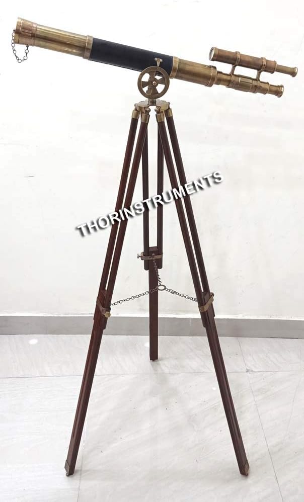 Royal Floor Standing Antique Telescope Black Leather Wooden Tripod Telescopes Rustic Vintage Home Decor Gifts
