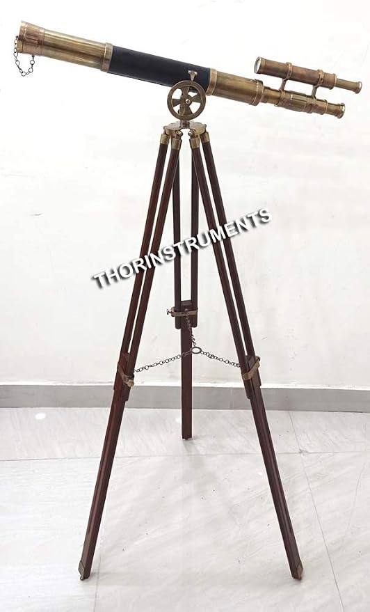 Telescopio Antiguo de Pie con Tripié de Madera y Cuero Negro miniatura 3