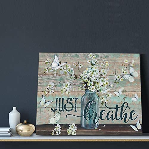Hankcles Rustic Wall Art Flower In Vase Just Breathe Canvas Print Butterfly Botanical Painting Farmhouse Country Home Decor For Bathroom Living Room Bedroom Kitchen Office Ready To Hang 20X24 Inch #TOP4