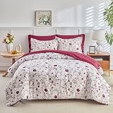Joyreap Queen Comforter Set- 7 Pieces Floral Bed in a Bag, Burgundy Red Flowers n Leaves on White Design Comforter Sheet Set, Soft n Cozy Microfiber Bedding Set for All Seasons
