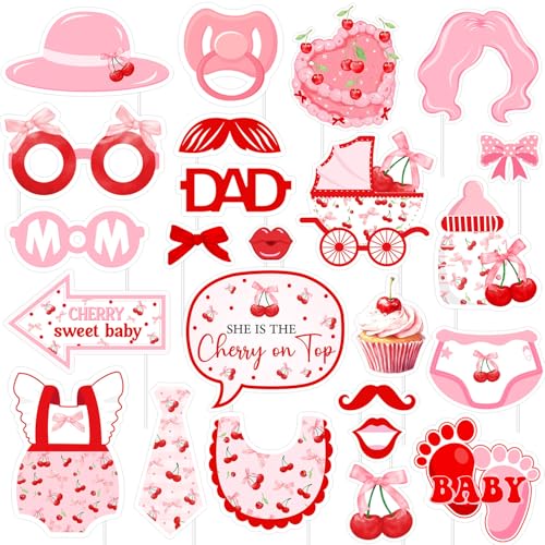 She's The Cherry on Top Photo Booth Props Baby Shower Decorations Cherry Sweet Baby Photo Booth Props Pink Bow Cherry Party Decor Masks Glasses for Women Baby Shower Funny Cute Party Favors