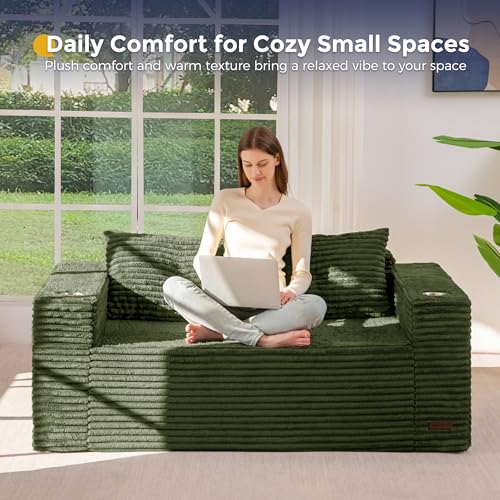 Image of MAXYOYO 63 inch Boneless Loveseat Sofa Couch for Small Spaces, Mini Love Seat Floor Couch with Cup Holders and Pillows, 2-Seater Upholstered Cloud Couch for Bedroom Apartment, No Assembly Required