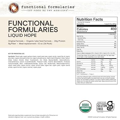 FUNCTIONAL FORMULARIES Liquid Hope Organic Blended Tube Feed Formula, 23g Protein, 8g Fiber, Meal Replacement, 12 Oz (24 Pack)
