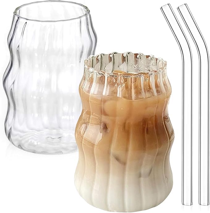 DENUOTOP Lot de 2 Verres avec paille, 530 ml, verres à café, latte macchiato, verres à bulles en verre borosilicate pour tasses à expresso, cappuccino,...