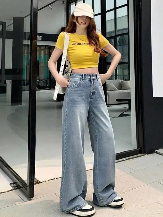 Image of KOTTY Women Trendy Wide Leg Jeans High Waist Baggy Fit Denim Streetwear Jeans