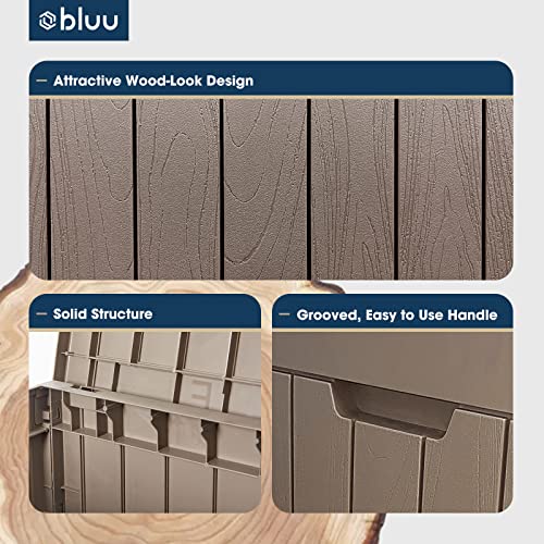 BLUU Deck Box 32 Gallon, Outdoor Storage Box for Patio Cushion, Pillows, Pool Toy, Garden Tool and Hose Storage, Waterproof Material with Lockable Lid & Side Handles, Wood Grain Texture, Taupe