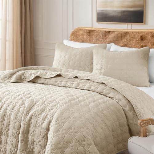 Beige King Size Quilt Bedding Sets with Pillow Sham, Summer Lightweight Soft Bedspread Coverlet, Netural Farmhouse Country Textured Quilted Blanket Thin Comforter Bed Cover, 3 Pieces, 104x90 inches