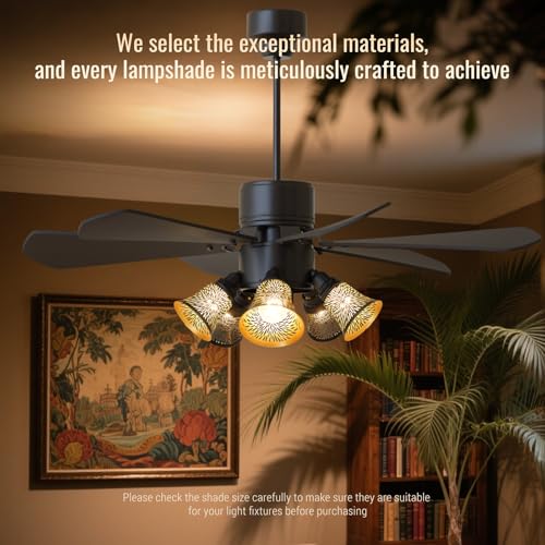 Image of 4 Pcs Laser Cut Metal Covers, Antique Bronze Chrysan Ceiling Fan LampShades | Size: 2.16 inch Top x 4.72 inch Bottom x 4.72 inchH. UNO fitter lamp shades. Laser-cut design decorative chrysanthemum light patterns.