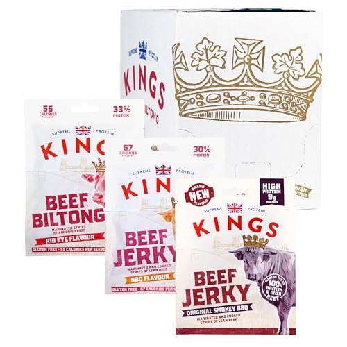 Kings - Beef Jerky and Biltong - Variety Case - High Protein Snacks, Marinated and Cooked Meat - 4 of Each Flavour - Bulk Box of 12 x 25 g Packs