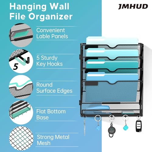 JMHUD 5 Tier Wall File Organizer - Hanging File Organizer with 5 Hooks, Mail Holder Wall Mounted for Papers, Folders, Magazines, Bills, Office&School Organization, Black