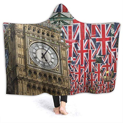 UK Flaggen mit Big Ben Sherpa Flanell Tragbare Decken mit Kapuze Leichte, superwarme Fleece-Bettdecke Fit Office Lap Geeignet für alle Meere