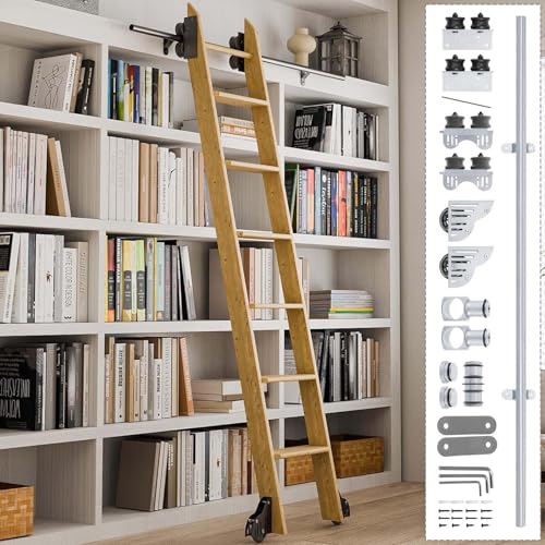 Kit de riel deslizante para escalera móvil plateada, sistema de rodillos de alta resistencia para altillos interiores (no incluye escalera)(Non-telescopic,122cm Kit de pista)