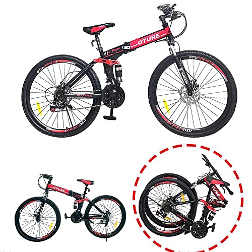 26 Inch Folding Mountain Bike, Oture 21 Speed Bicycles Full Suspension Men or Women Unisex Lightweight MTB with Double Disc-Brake (Folding-Red)