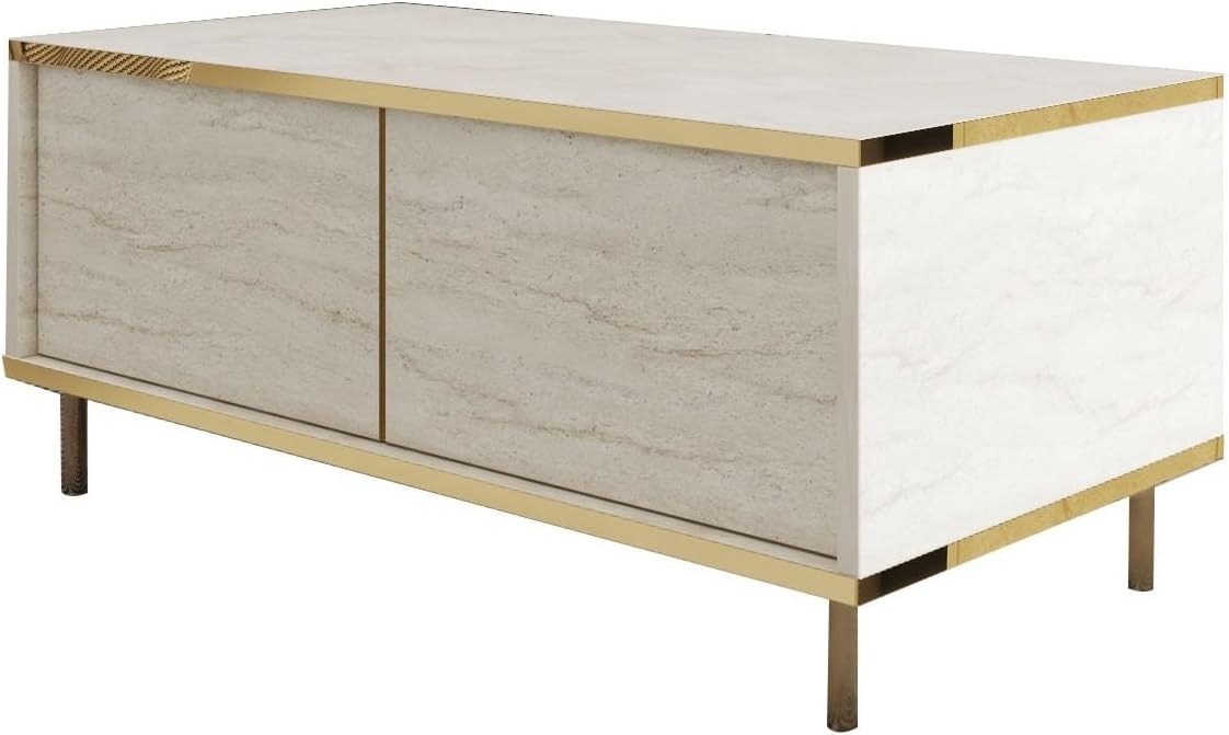 Modern Coffee Table, Travertine & Gold, 90 x 40 x 45 cm, 100% Melamine Coated Particle Board, 18 mm Thick, Glamorous Marble Design for Stylish Living Spaces