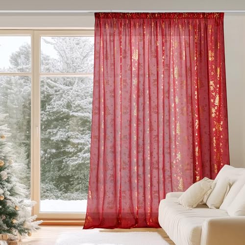 PONY DANCE Cortinas Navideñas Cortinas con Ganchos Salon 280x245cm Cortina Ventana para Riel Visillos Dormitorio Cortinas y Visillos Cortinas Transparentes con Aspecto de Lino, 1 Pieza, Rojo