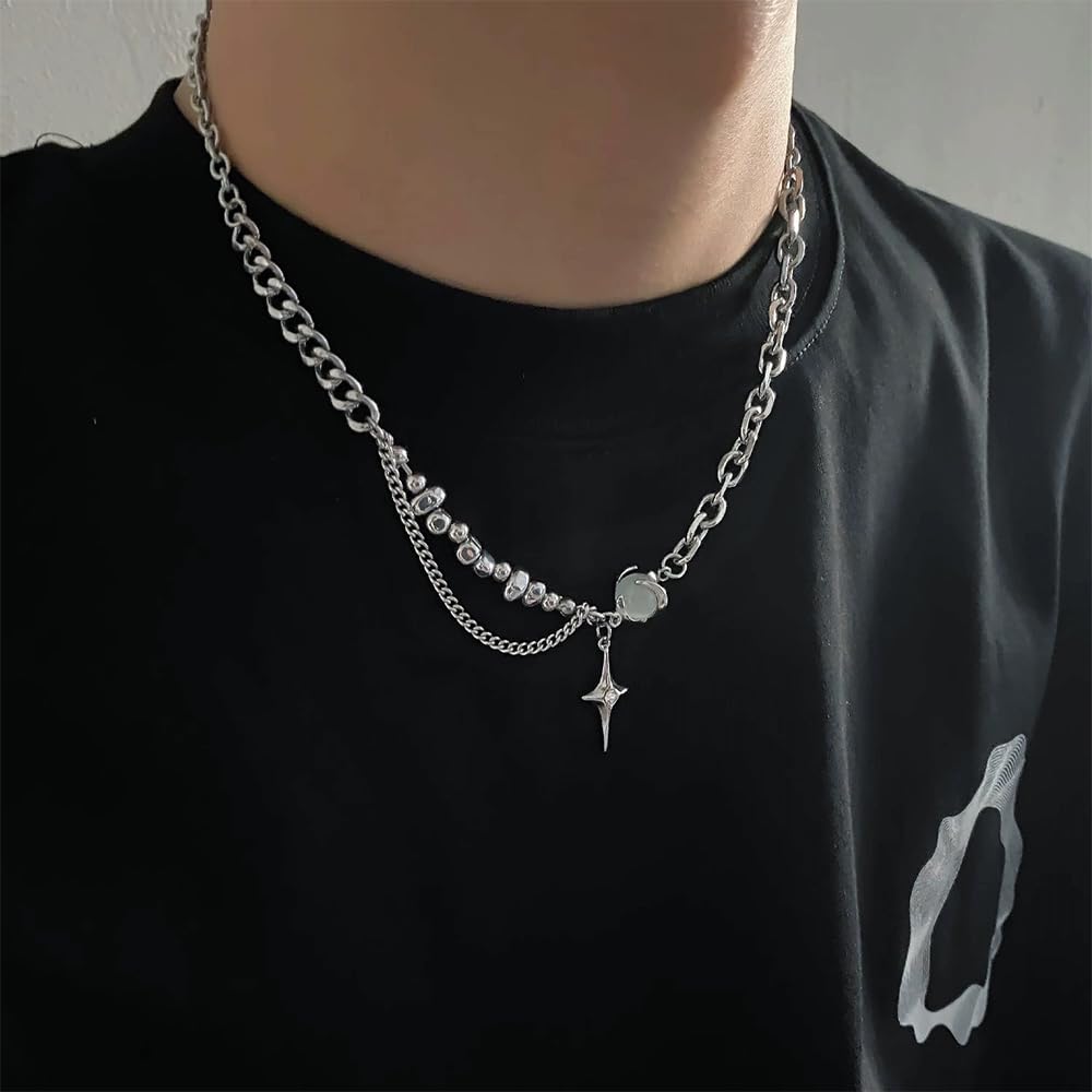 Generico Collana con ciondolo a stella irregolare, collana in acciaio inossidabile con stella argentata e pietra di luna, regalo personalizzato per uomo e donna