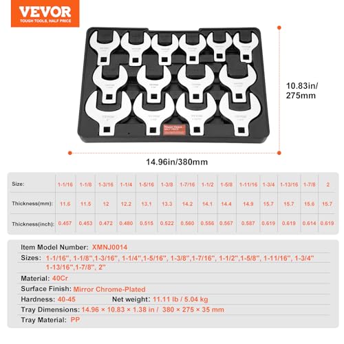 Image of VEVOR Crowfoot Wrench Set, 1 /2 inch Drive 14-Piece SAE (1-1 /16 inch - 2 inch) Crows Foot Wrench Set with Storage Tray, 40CR Material with Laser Etched Sizing, for Mechanical Maintenance or Repairs