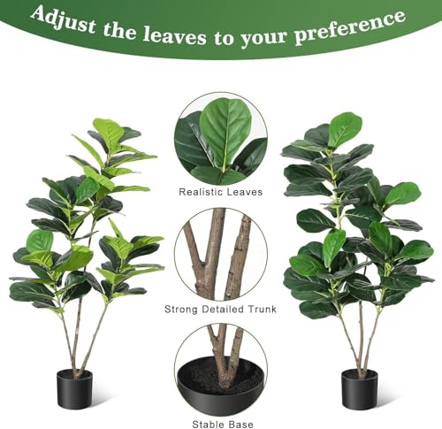 4FT Fiddle Leaf Fig Artificial Tree Faux Floor Plant with Black Planter Pot, Potted Fake Fiddle Leaf Fig Tree for Indoor Outdoor Home Office Decor