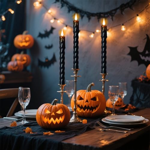 Image of Flickering Flameless Taper Candles with Remote and Timer, 2 Pack Battery Operated LED Taper Candles 3D Wick Plastic Dripping Effect Dinner Halloween Indoor Decor(Black, 0.78 inch D x 9.65 inch H)