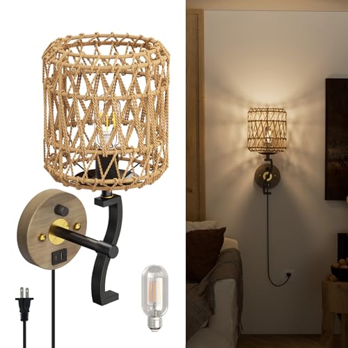 HYMELA N02 Boho Rattan Wall Sconce with Plug in Cord, Adjustable Dimmable Rattan Shade & S-Shape Arm for Aztec Boho Home Decor, Bohemian Wall Mounted Lighting
