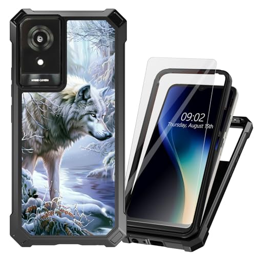 DHYYDSQZ for TCL K24 Phone Case for TCL K24 T434D T434W /K23 with Tempered Glass Screen Protector Heavy Duty Dual Layer Hybrid TPU Bumper Forest Wolf Shockproof Protective Cover for TCL K24 2024