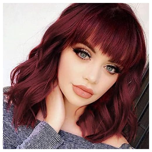 Red Wigs for Women Short Bob Curly Wig with Bangs Wine Red Color Shoulder Length Wigs for Women Bob Style Synthetic Daily Cosplay Party Wigs for Girl (14 Inch,Wine Red)