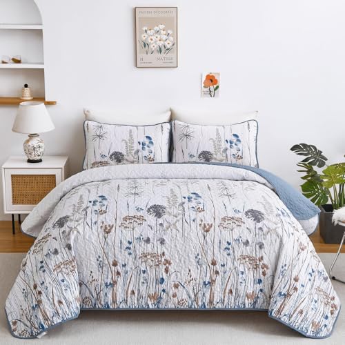 Dobuyly Blue King Size Quilts for Bed, Floral Botanical King Quilt Set