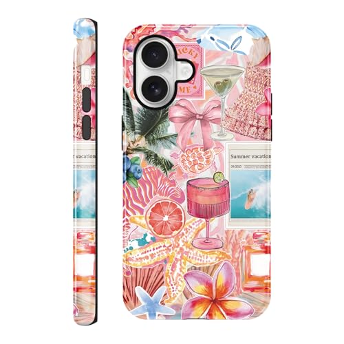 lioscre Case Compatible with for iPhone 17 6.3'', Beach Summer Drinks Collage Aesthetic Cute Protective Phone Case, Vintage Trendy Scratch Resistant Shockproof Cover Case for Girl Boy Women Men