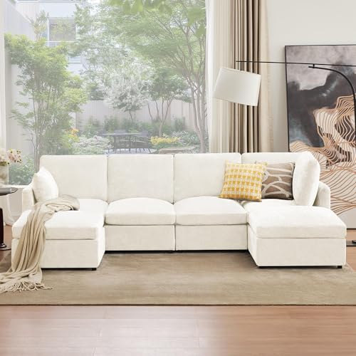 Tbfit U Shaped Couch, Sectional Sofa for Living Room,Chenille Cloud Couch with Ottoman 6 Seat, Beige