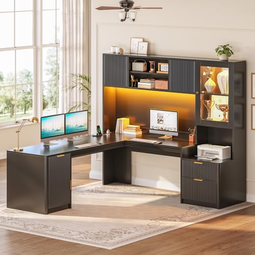 SEDETA 67" x 65" L Shaped Desk with Hutch, RGB LED Corner Computer Desk with Power Outlets, Fluted Home Office Desk with File Drawer, Storage & Glass