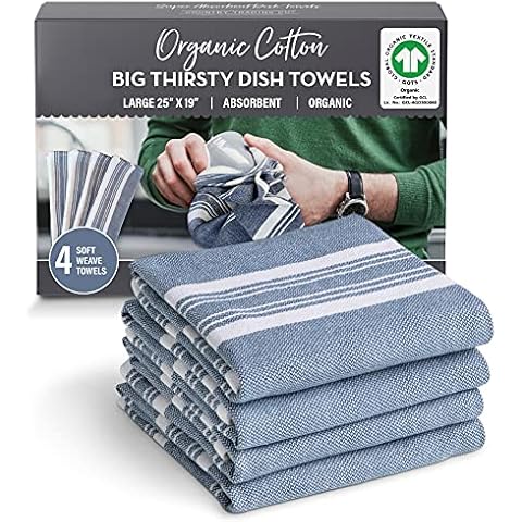 Country Trading Co. Big Thirsty Dish Towels - Organic Cotton Super Absorbent Kitchen Towels, Set of 4 – Soft Weave Machine Washable Tea Towels - 25” x 19” (Blue) Cover
