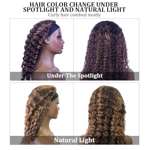 Image of Ombre Headband Wig Human Hair Deep Wave 4 /27 Highlight Glueless Wigs 26Inch | None Lace Front Curly Half Wigs for Black Women,Brazilian Virgin Hair Wear and Go Wig,Machine Made,150% Density