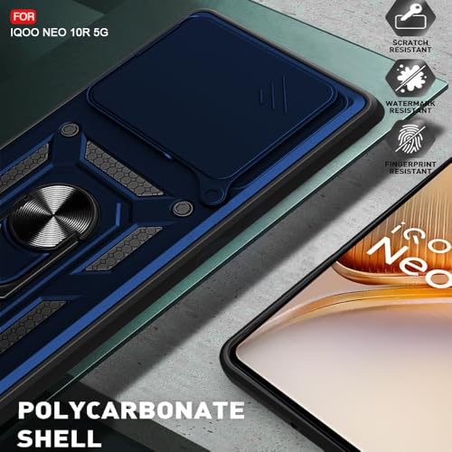 Image of AESTMO Tough Armor iQOO Neo 10R 5G Bumper Back Case Cover | Ring Holder & Sliding Camera Shield Cover | 360 Degree Protection Back Case Cover for iQOO Neo 10R 5G (Blue)