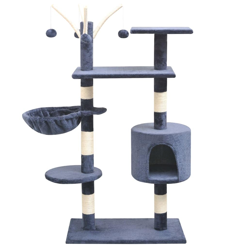 Katzen-Kratzbaum Dunkelblau 125 cm mit Sisal, Plüsch, Holz massiv, Liegemulde, Aussichtsplattform, Höhle, stabiles Kratzmöbel für Wohnung, Indoor Katzenpflege