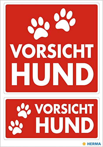 HERMA 15458 Vorsicht Hund Aufkleber wetterfest, 2 Stück, 79 x 75 mm, 9 x 35 mm, selbstklebend, klein, groß, Achtung bissiger Hund Etiketten Schild aus langlebiger Folie für Außen- und Innenbereich