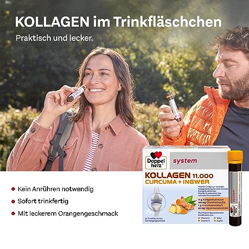 Doppelherz system KOLLAGEN 11.000 CURCUMA + INGWER – Vitamin C trägt zur normalen Kollagenbildung für eine normale Funktion von Knorpeln und Knochen bei – 2 x 30 Trinkfläschchen